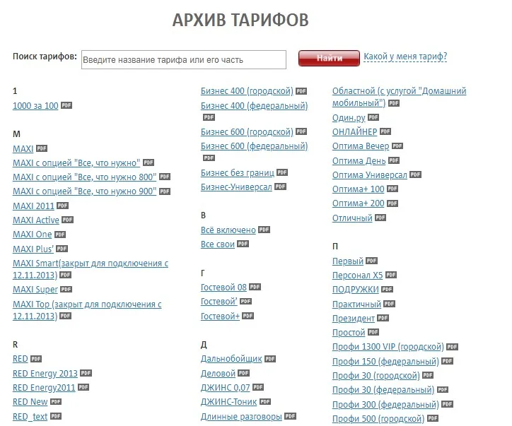 архив тарифов мтс обзор